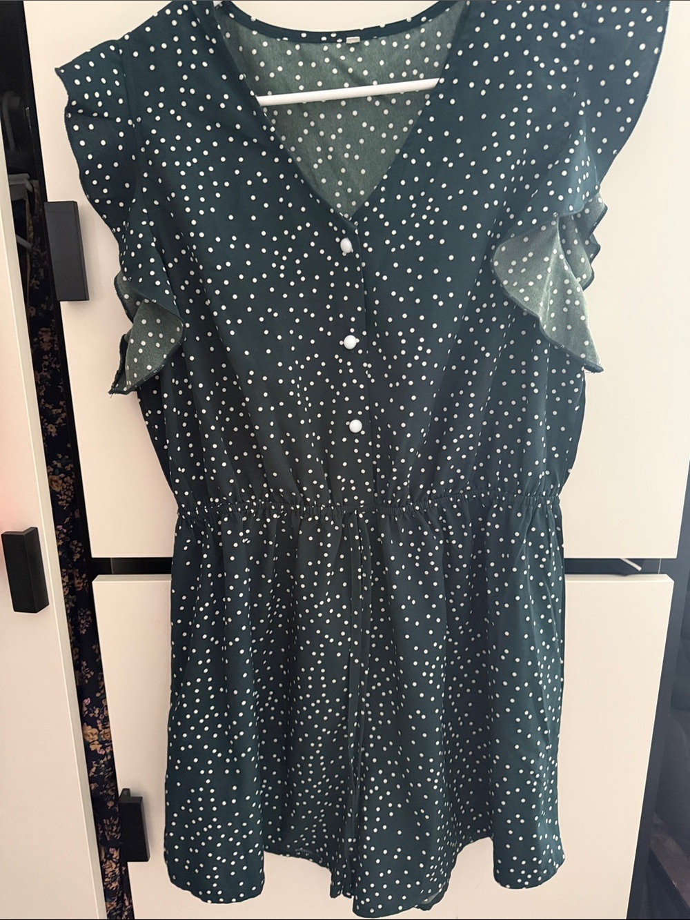 Dark Green Polka Dot Ruffle Sleeve Romper